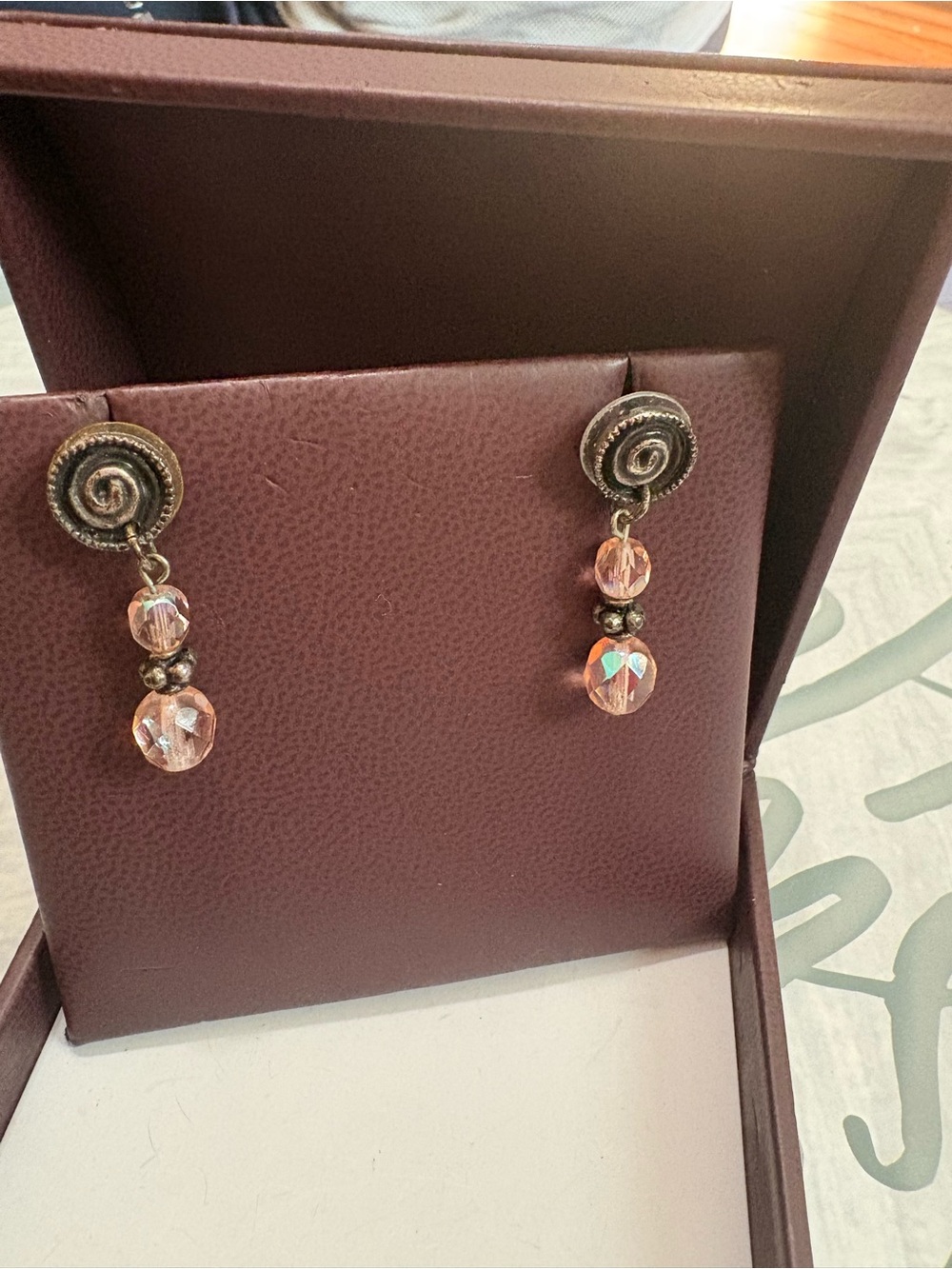 Vintage Style Peach Crystal Spiral Dangle Earrings Antique Silver AB Rhinestone